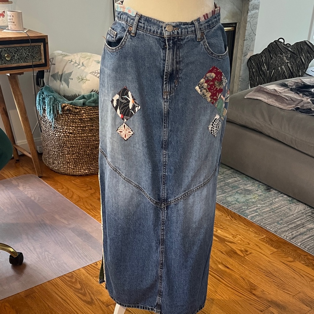 Paris Blues Denim Maxi Skirt with Patchwork